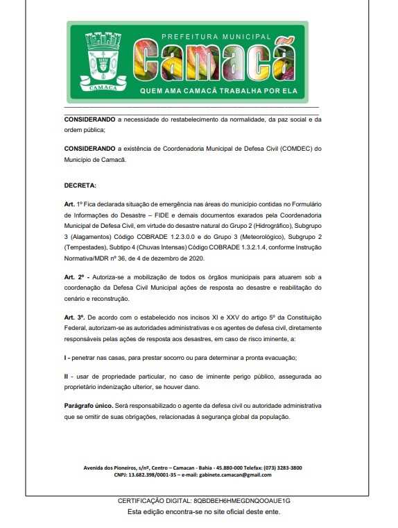 Camacã: Chuvas fortes constantes faz o prefeito Paulo do Gás decretar estado de emergência
